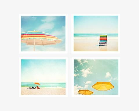 four different pictures of beach chairs and umbrellas