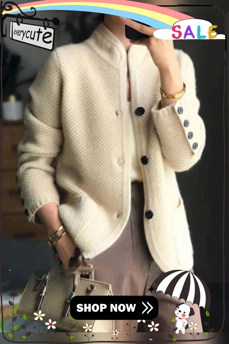 Stylish and Elegant Winter Jacket Beige Outerwear With Buttons For Fall, Single Breasted Long Sleeve Sweater Coat For Winter, Winter Long Sleeve Single Breasted Sweater Coat, Beige Buttoned Outerwear For Winter, Beige Buttoned Outerwear For Cold Weather, Lapel Collar Cardigan With Button Closure For Fall, Beige Winter Cardigan For Work, Fall Outerwear With Buttons And Stand Collar, Fall Cardigan With Button Closure And Lapel Collar