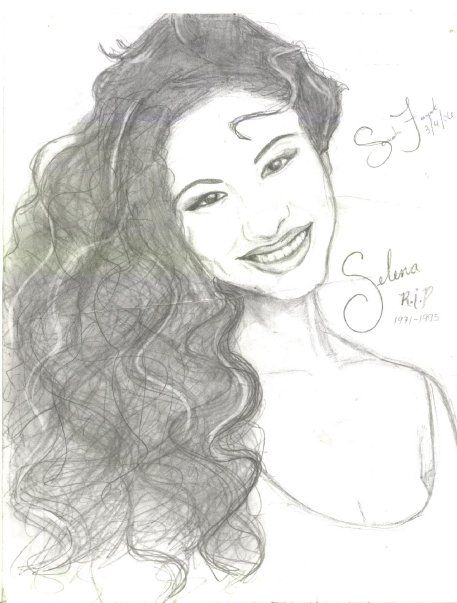 a pencil drawing of a woman with long hair and eyes closed, smiling at the camera