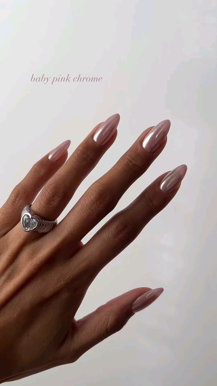 These Baby Pink Chrome Formal Nails are stunning and can easily be paired with a gorgeous formal dress! #FormalNails #PromNails #Nailinsporation #BabyPink #PinkChromeNails #missrunway Engagement Acrylic Nails, Trendy 2024 Nails, Chrome Gel Nails Ideas, Pink Bright Nails, Neutral Nails With Chrome, Nail Inspiration Chrome, Nails Inspo Chrome, Pink Engagement Nails, Pink Chrome Nails Designs