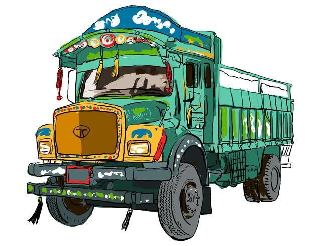 a drawing of a green dump truck with yellow and blue paint on it's side