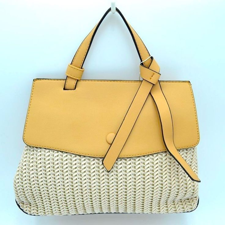 Cute Straw & Leather Tote Bag Two Tone Straw Bag Flip Over Closure 12″ X 5.5″ X 9.5″ (Lxwxh) Beige Double Handle Satchel For On-the-go, Yellow Satchel With Top Carry Handle For On-the-go, Chic Yellow Crochet Bag, Chic Yellow Crochet Bag For Daily Use, Beige Shoulder Satchel For On-the-go, Yellow Top Handle Shoulder Bag With Braided Handles, Chic Yellow Crochet Tote Bag, Beige Top Handle Satchel For Travel, Yellow Top Handle Straw Bag For Shopping