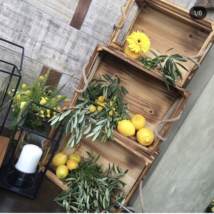 an arrangement of lemons and greenery on display