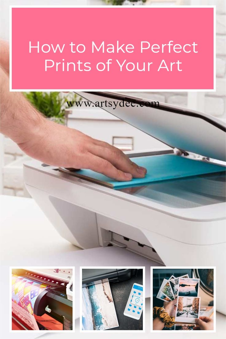 a printer with the words how to make perfect prints of your art in pink and white