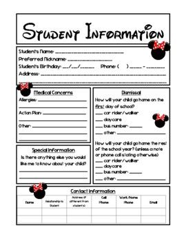 a student information sheet with mickey mouse ears