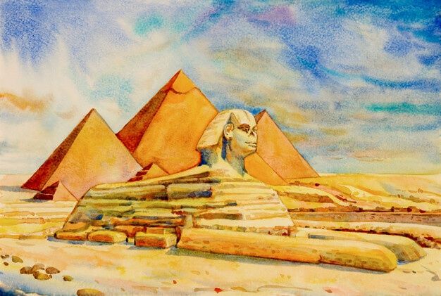 an artistic painting of the great sphinx and pyramids