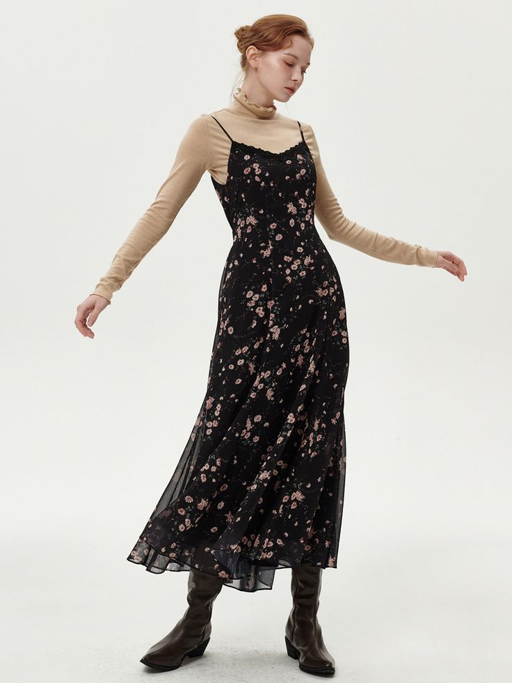 Editor’s notesThis is OH L’s long dress with a prominent floral pattern. The lace fabric on the neckline allows for a feminine mood. The waist can be emphasized with the string at the waistline, and it is a versatile item that can be worn comfortably by loosening it. It's suitable for wearing alone and can also be paired with a turtleneck, making it a versatile piece.- An ideal piece for daily wear- Adjustable length through the shoulder line- Suitable for wearing in all seasons depending on the stylingMeasurements(in.)ONE SIZE (XS~M)- Length (excluding shoulder strap): 44.88 inches- Bust Width: 17.91 inches- Waist Width: 16.93 inches- Hip Width: 18.70 inches* Model info : Height 5’ 7” / Top : 55 size (S) / Waist : 25 in / Model wearing size One size* All products are designed with conside Elegant Lace Maxi Dress With Floral Print, Feminine Black Maxi Dress With Floral Print, Fall Lace Midi Dress, Lace Midi Length Maxi Dress For Fall, Long Sleeve Under Dress Outfits, Long Sleeve Under Dress, Styling A Slip Dress, Dress Over Turtleneck, Flowy Fashion