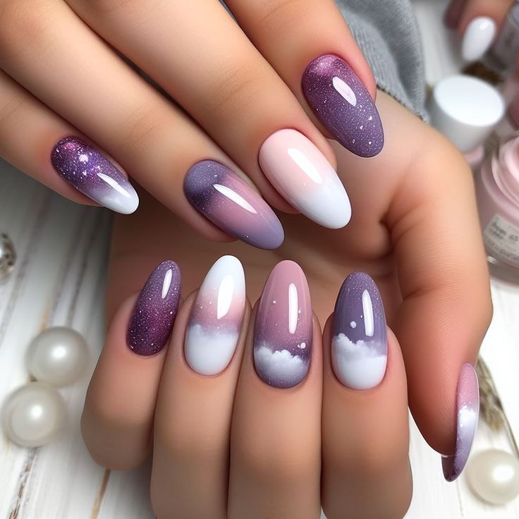 #nails #nailsofinstagram #fyp #explore #beauty #nailart #viralnails #fuzzyfables Purple Cloud Nails, Purple Nails Simple, Universe Nails, Cloud Nails, Purple Ombre Nails, Ombré Nails, Asian Nails, Gel Nail Art Designs, Cute Simple Nails