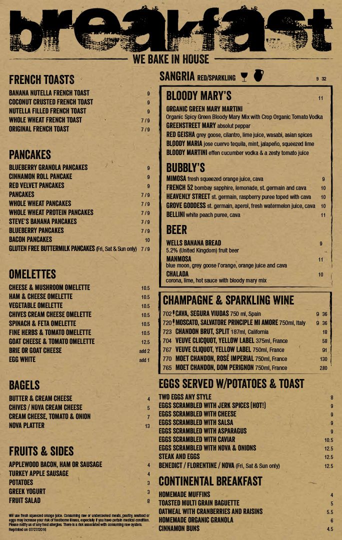 the menu for breakfast is shown in black and white