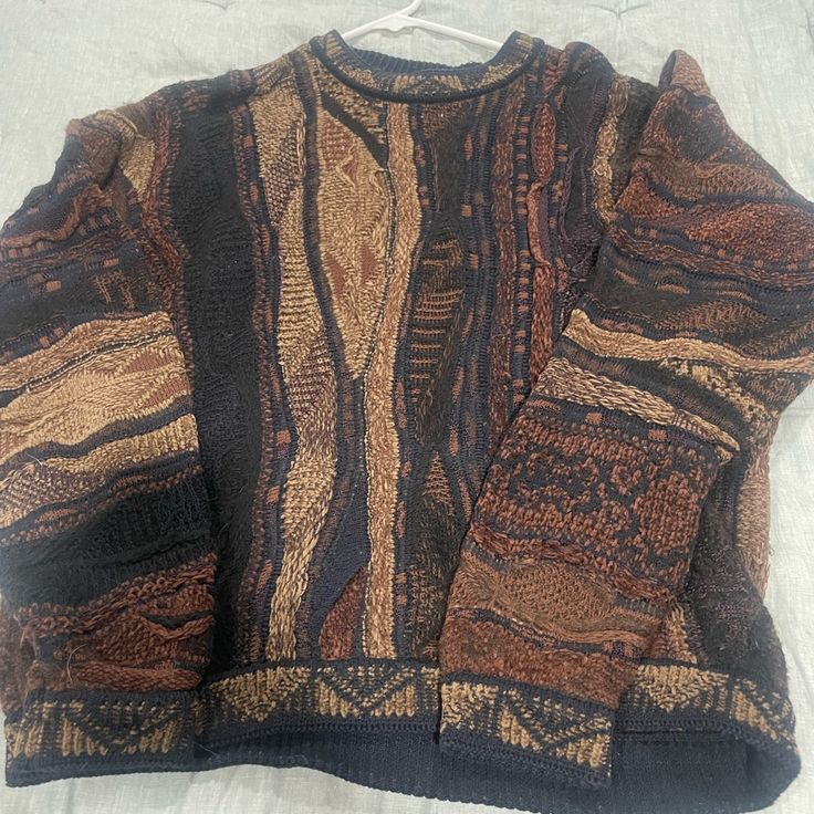 Beautiful Coogi Sweater With Brown Tone. Size Small Chunky Grandpa Sweater, Crochet Zip Up Sweater, Dark Brown Sweater Outfit, Quilt Sweater, Funky Sweaters, Aesthetic Clothes Men, Western Sweater, Western Sweaters, Quilted Sweater