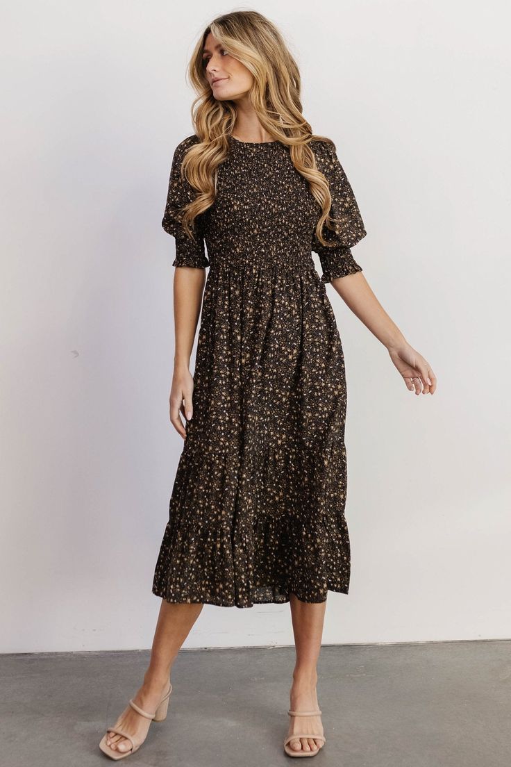 Pele Tiered Midi Dress | Black Floral | Baltic Born Baltic Born, Midi Dress Black, Tiered Midi Dress, Chiffon Material, Floral Chiffon, Tier Skirt, Elbow Length Sleeve, Cup Size, Tiered Skirt