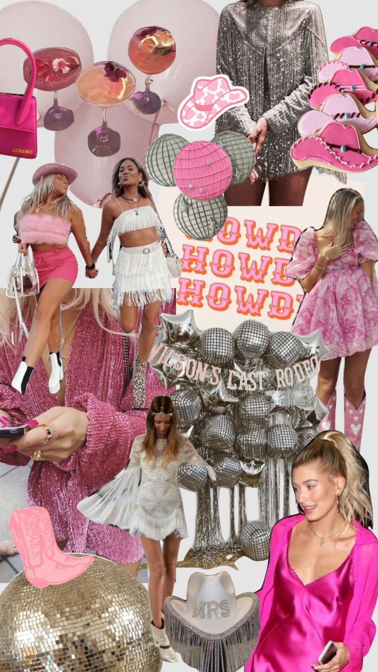 a collage of photos with pink and gold accessories including hats, bras, dresses, purses