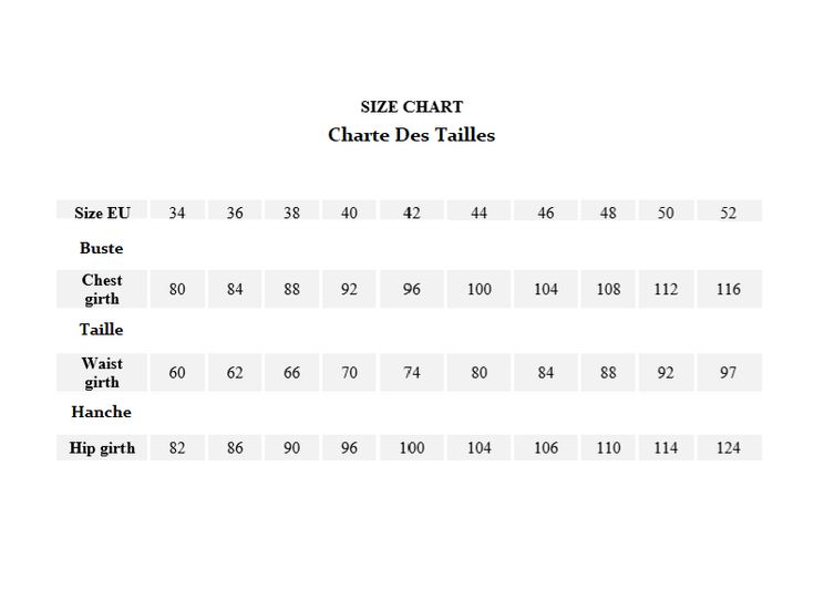 the size chart for charie des tailles