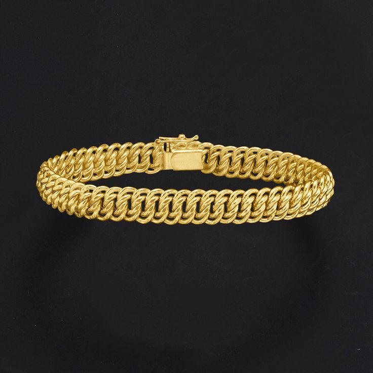 Ross-Simons - Italian 14kt Yellow Gold Americana-Link Bracelet. 8". From Italy, this jewelry box staple gleams in polished 14kt yellow gold. A cavalcade of glossy Americana links creates a lush bracelet that will look fabulous with all of your elegant ensembles. Figure 8 safety. Box clasp, 14kt yellow gold Americana-link bracelet. Formal Heirloom Yellow Gold Chain Bracelet, Formal Gold Cuban Link Jewelry, Elegant Gold Diamond Cuban Link Bracelet, Elegant Yellow Gold Cuban Link Chain Bracelet, Elegant Gold Diamond Bracelet With Cuban Link, Gold Cuban Link Jewelry For Formal Occasion, Gold Fine Jewelry Bracelets For Formal Occasions, Formal Gold Plated Diamond Bracelet, Formal Gold Curb Chain Jewelry