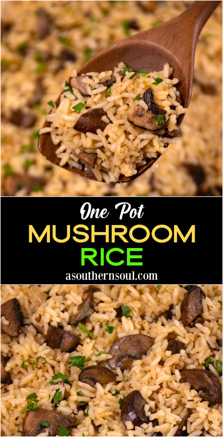 mushroom rice in a wooden spoon with the title overlay reads one pot mushroom rice