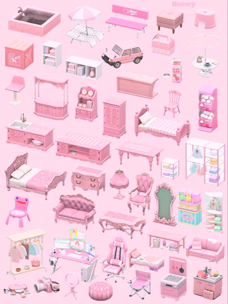 a pink poster with lots of furniture and accessories