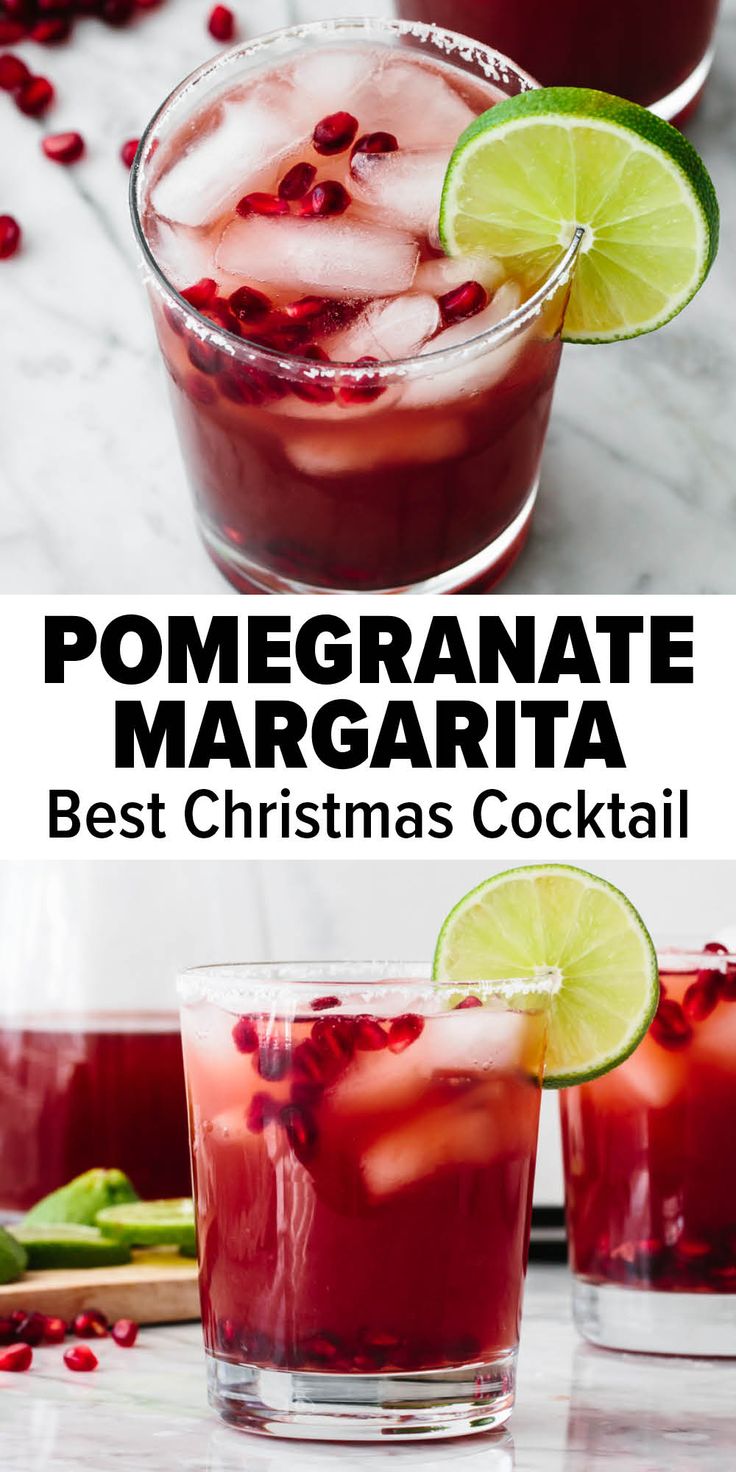 pomegranate margarita in glasses with limes and cranberries