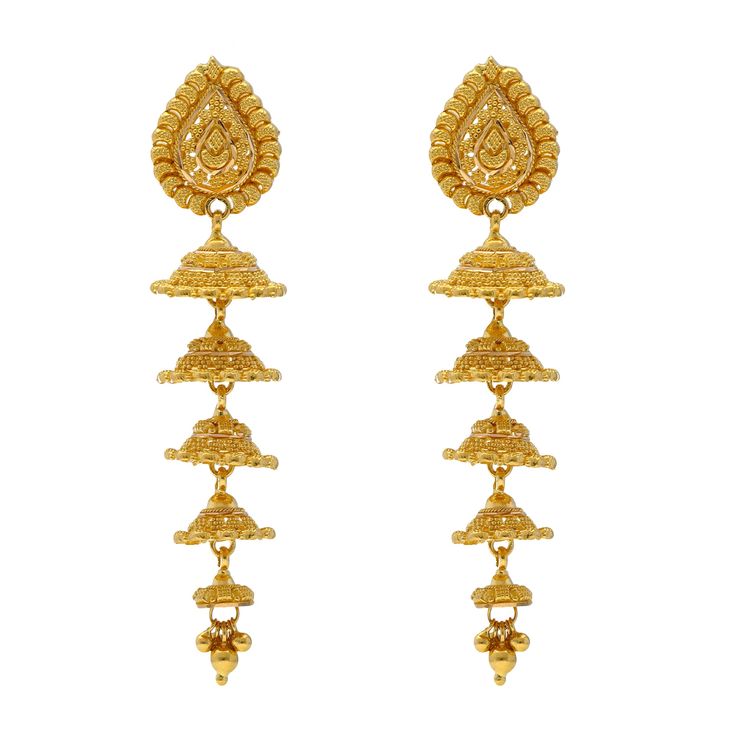 Elevate your elegance with our exquisite 22k Gold Jhumka Earrings. Crafted with meticulous artistry, these Indian gold earrings radiate a timeless allure. The intricate design pays homage to traditional aesthetics, while adding a touch of contemporary chic. Indulge in the luxury of authentic craftsmanship and showcase your sophisticated taste. Grace your ears with the finest 22k gold jhumka earrings, a perfect blend of heritage and style. Features • 22k yellow gold Specifications: • Minimum Widt Luxury 22k Gold Chandelier Earrings, Indian Gold Earrings Teardrop, Gold Jhumka Earrings Temple Jewelry, Luxury 22k Gold Jhumkas With Tilla, Luxury Gold Jhumkas For Ceremonial Occasions, Luxury Gold Jhumkas For Reception, Luxury Gold Plated Earrings For Diwali, Luxury Gold Round Jhumkas, Luxury Gold Earrings With Latkans