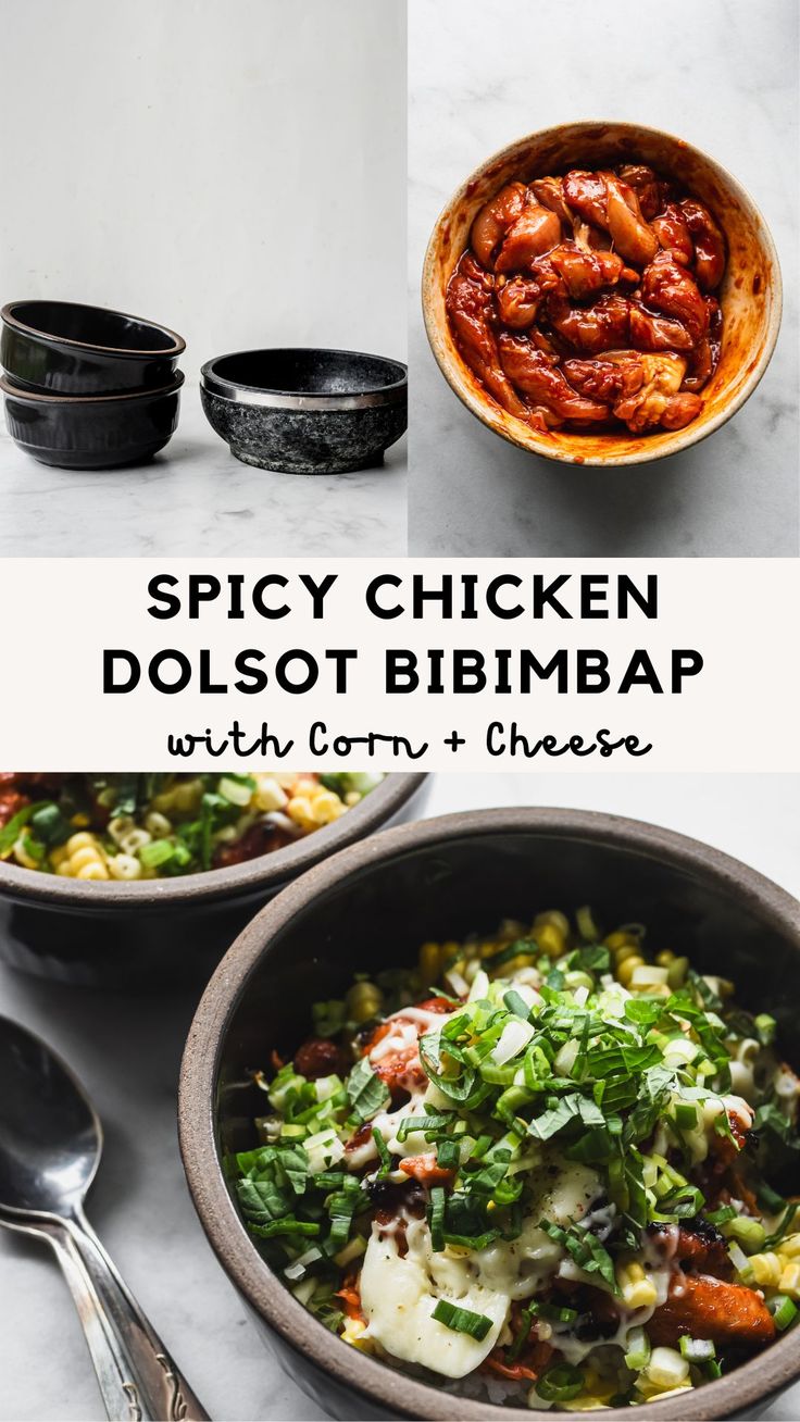 spicy chicken dolsot bibimbap with corn and cheese in a bowl