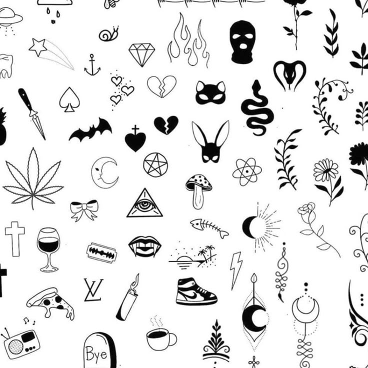 various tattoo designs and symbols on a white background