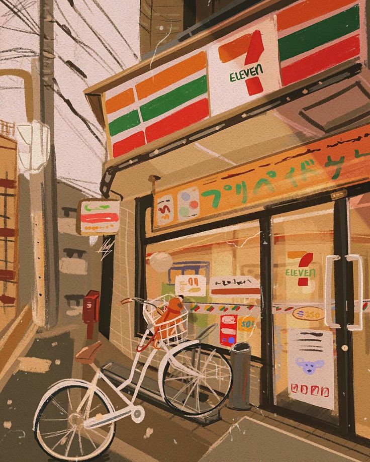 a painting of a bike parked in front of a convenience store on a city street