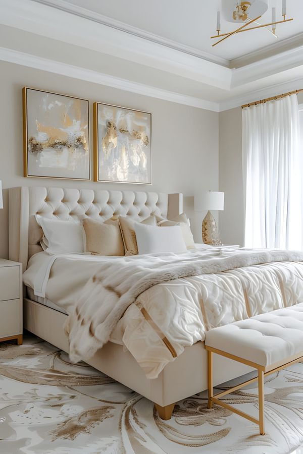 a large white bed sitting in a bedroom next to a window