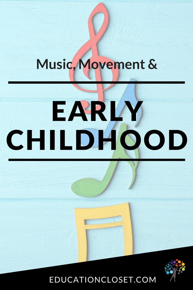 the words music movement and early childhood on top of a blue background with musical notes