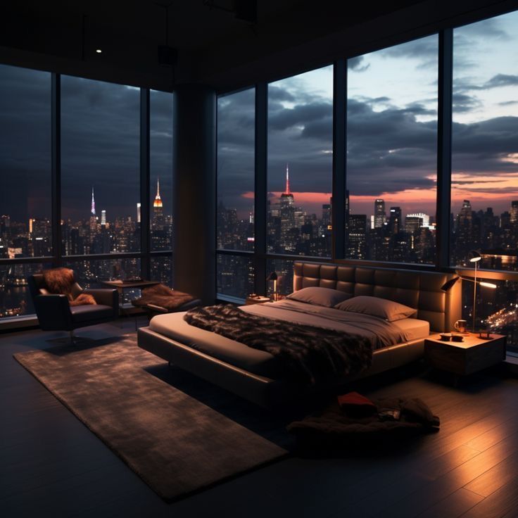 a bedroom with large windows and a view of the city at night in the background