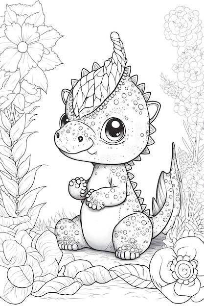 a cute little dragon sitting on the ground with flowers and plants in the background coloring page