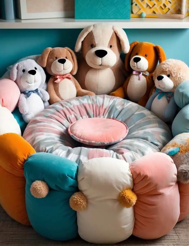 several stuffed animals are sitting in the middle of a bean bag chair that is shaped like a dog