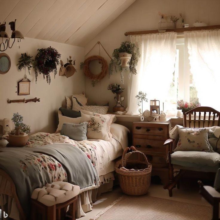 a bed room with a neatly made bed and lots of plants on the wall above it