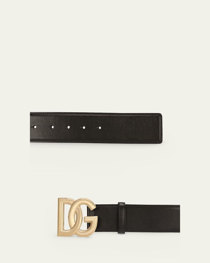 Dolceamp;Gabbana leather belt with signature interlocking DG golden logo buckle     Approx. 1.5"H    Adjustable fit    Calf leather    Made in Italy Golden Logo, Dg Logo, Bergdorf Goodman, Leather Belt, Calf Leather, Top Designers, Dolce And Gabbana, Tops Designs, In Italy