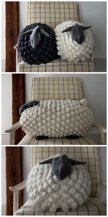 three pictures of sheep made from yarn sitting on a chair