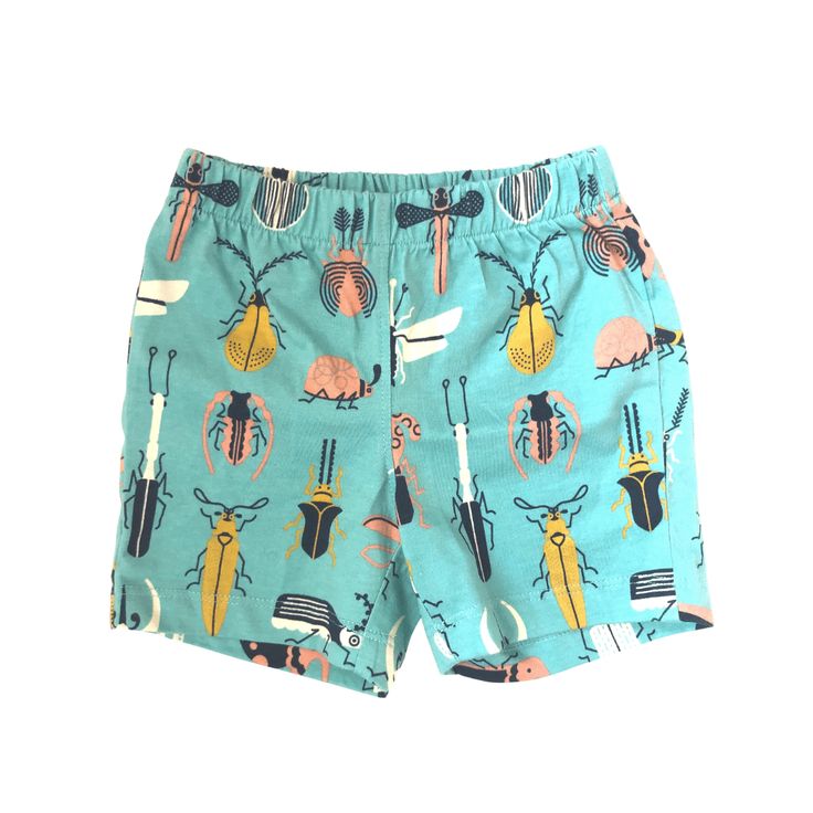 Organic cotton play shorts in Beetle Mania print from Jackalo Printed Cotton Swim Trunks, Playful Cotton Swim Trunks With Built-in Shorts, Spring Playful Swim Trunks For Playwear, Playful Swim Trunks For Spring Playwear, Playful Printed Cotton Shorts, Organic Cotton Shorts With Elastic Waistband For Summer, Playful Green Shorts For Vacation, Playful Shorts For Playtime, Playful Green Vacation Shorts