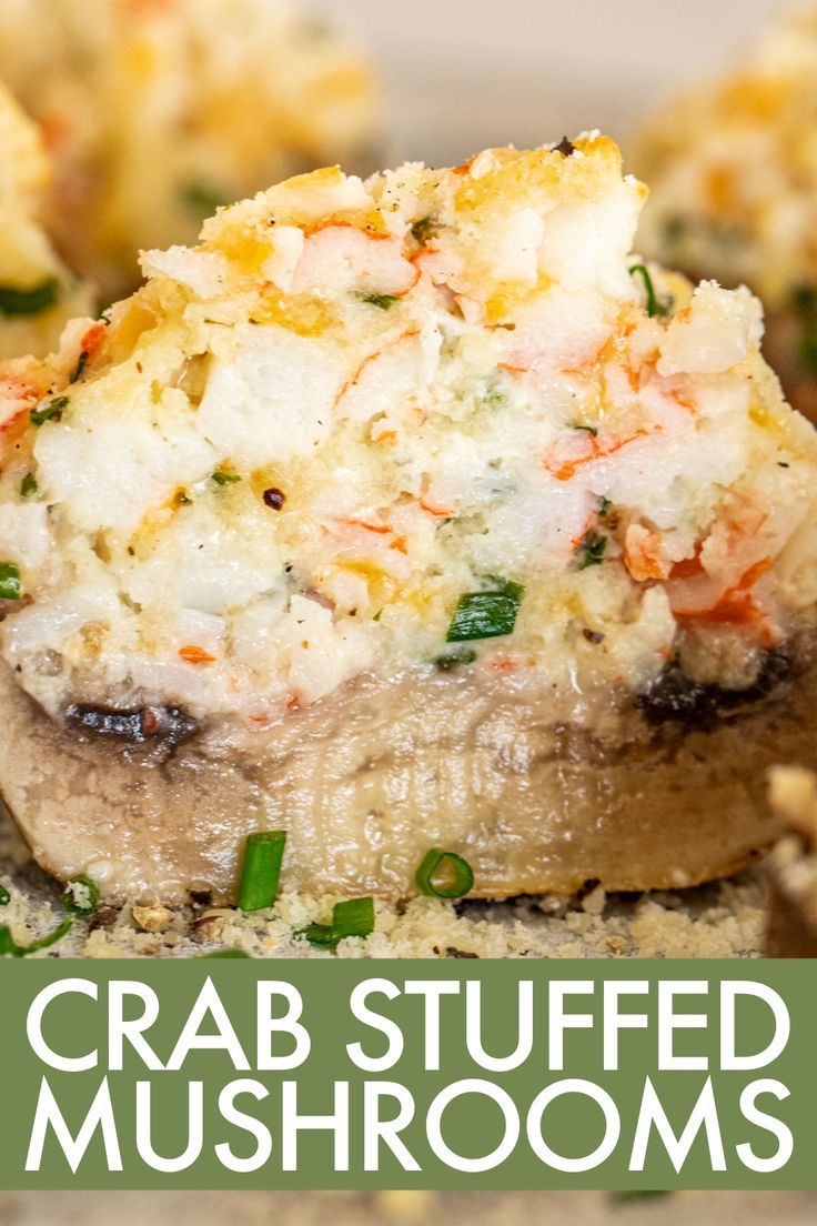 crab stuffed mushrooms with text overlay that says crab stuffed mushrooms on it's side