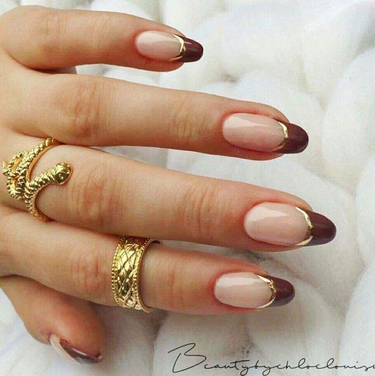 Brown And Gold French Nails, Bronze French Nails, Almond Nails With Gold Tips, Bronze Tip Nails, Brown Nails With Gold Accent, Brown French Tip With Gold, Brown And Gold Almond Nails, Brown And Gold French Tip Nails, Bronze French Tip Nails