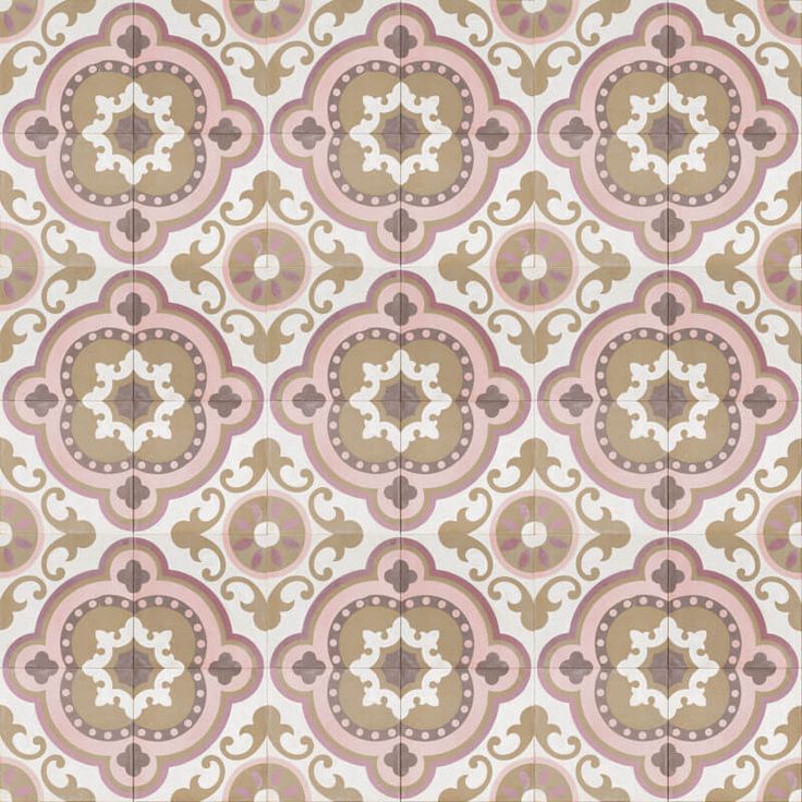 an abstract pattern in pink, brown and white fabric with circular designs on the side