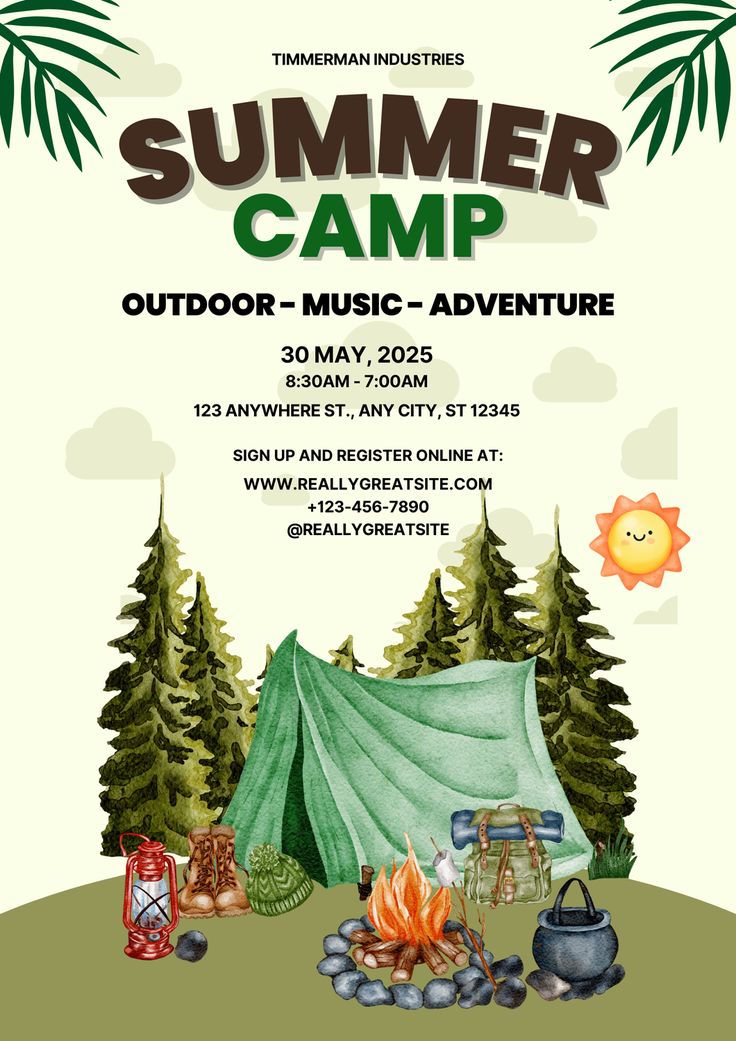 an outdoor music adventure poster for summer camp with tent and campfire in the background