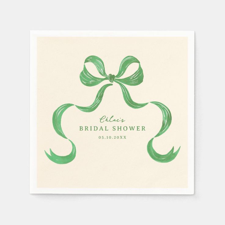 a white and green wedding shower napkin with a bow on the front that says, please bridal shower