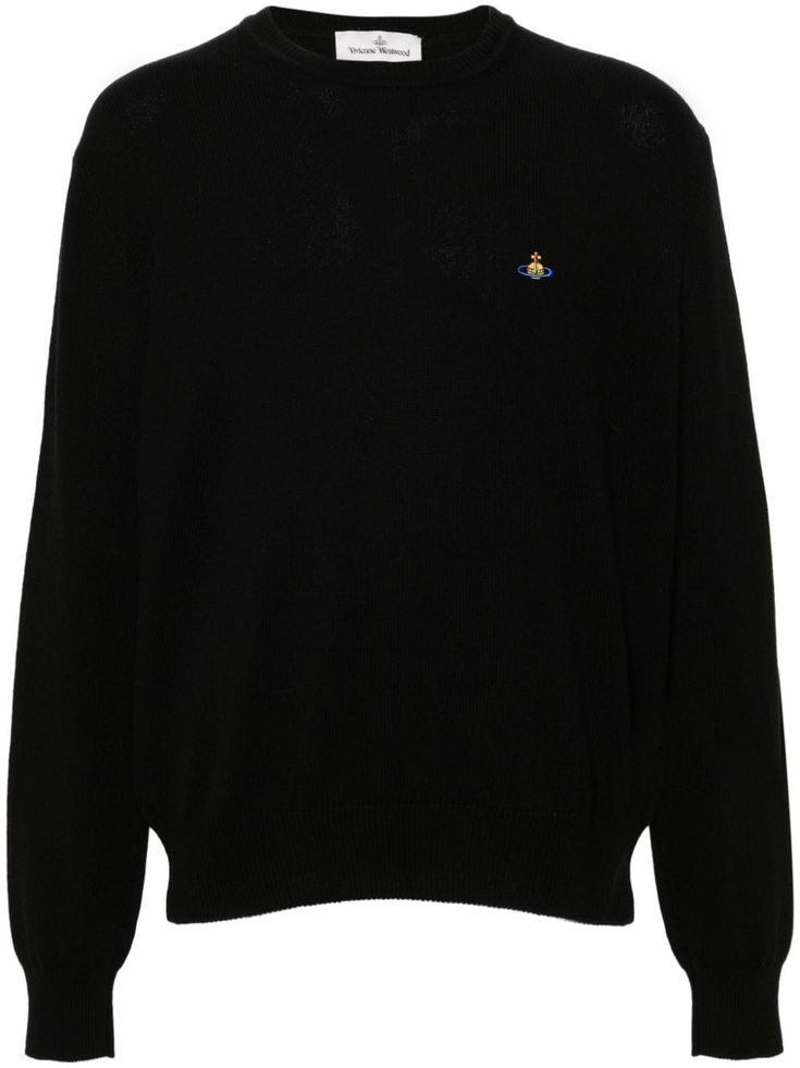 black organic cotton blend fine knit crew neck long sleeves signature Orb logo embroidery ribbed cuffs and hem Alex Fine, Planet People, Five Points, Round Neck Sweaters, Fine Knit, Logo Embroidery, Knit Jumper, Vivienne Westwood, Swimwear Tops