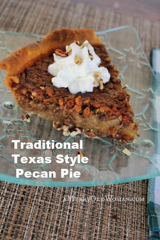 traditional texas style pecan pie on a glass plate with the words traditional texas style pecan pie