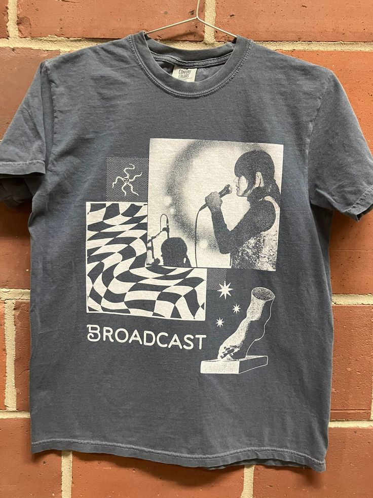 Broadcast fan art shirt. Hand screened in white ink on denim blue Comfort Colors t-shirts. Unisex Cotton T-shirt For Fan Merchandise, Unisex Cotton T-shirt With Graffiti Print, Cotton Graphic T-shirt For Fan Conventions, Unisex Graphic Print Tops For Fan Merchandise, Cotton T-shirt With Graphic Design For Fan Conventions, Cotton Graphic Print Tops For Fan Conventions, Band Merch Tops With Screen Print For Fans, Graphic Tee T-shirt With Graffiti Print For Fans, Cotton T-shirt With Front Print For Fan Conventions