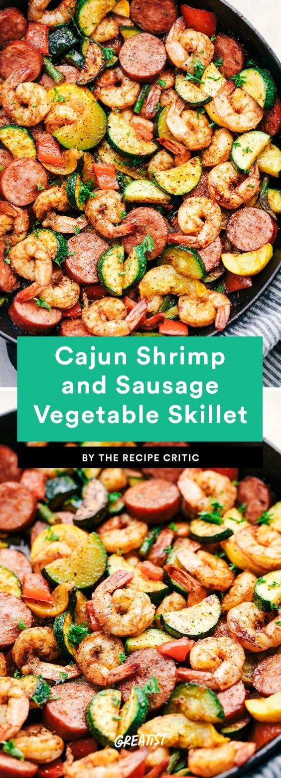 shrimp and vegetable skillet is shown in two different pans with the words, cajun shrimp and sausage vegetable skillet