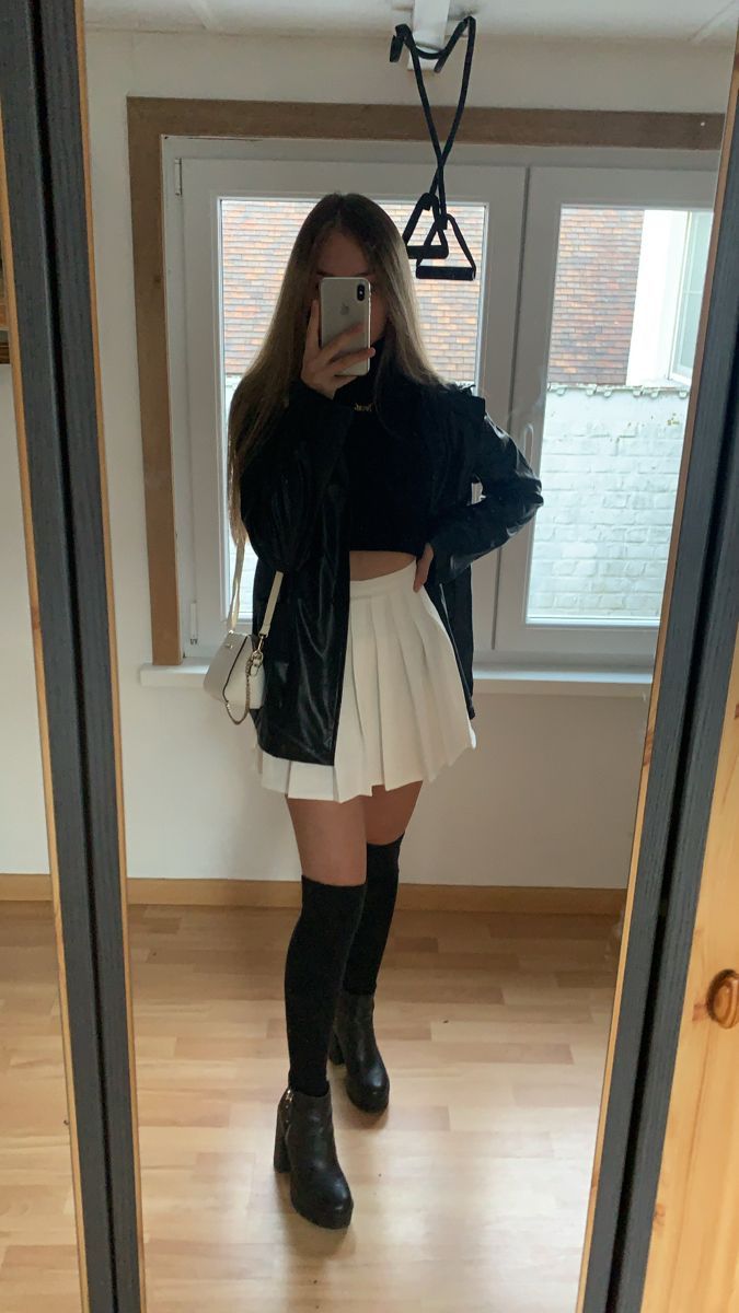 Skirt vest aesthetic cute outfit trendy Black Socks Outfit, Long Socks Outfit, Vest Aesthetic, White Tennis Skirt Outfit, White Leather Skirt, White Tops Outfit, Skirt Outfits Aesthetic, White Skirt Outfits, Black Skirt Outfits