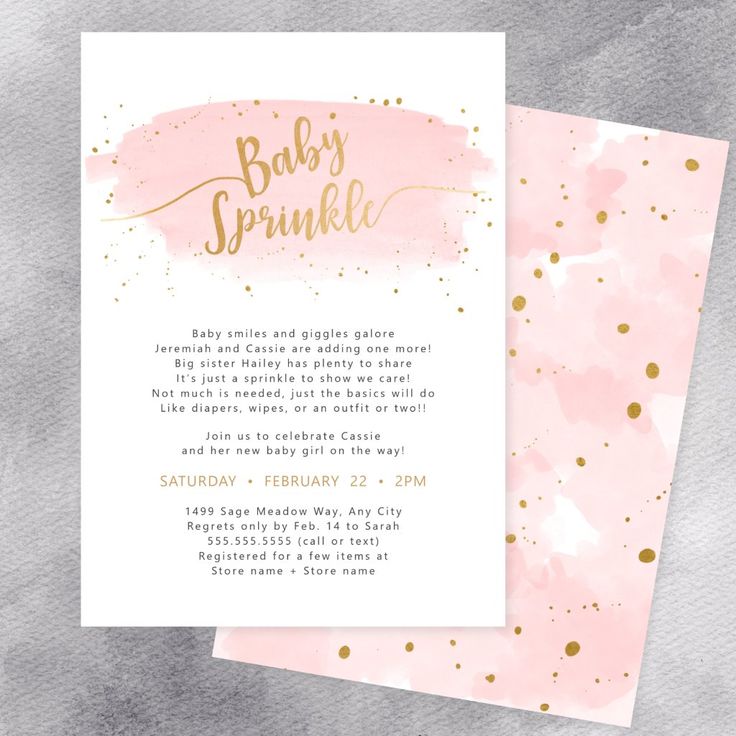 the baby sprinkle pink and gold foil baby shower card is shown on a gray background