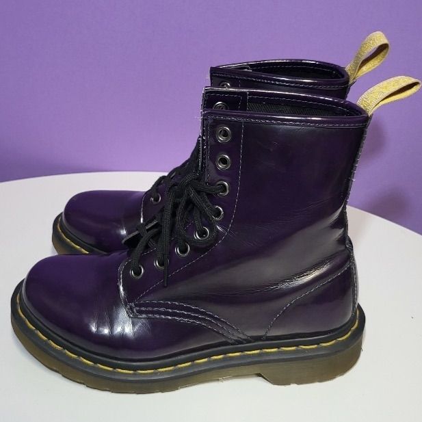 Dr.Martens Purple Boots Size Us Women: 6 Men: 5 Uk: 4 Eu: 37 Condition: Both Boots Have Scuffs Infront Of The Boots And Creases. Right: Scratches On The Back Of Boot And Inside Of Boot Stain. Left: On The Top Inside Of The Boot Has A Stain. Please See Photos For Exact Condition. Casual Purple Boots For Fall, Purple Round Toe Boots For Fall, Trendy Purple Boots With Round Toe, Fall Purple Round Toe Boots, Trendy Purple Round Toe Boots, Casual Purple Leather Boots, Doc Martens Boots Cavender's, Purple Leather Boots With Round Toe, Fitted Purple Lace-up Boots