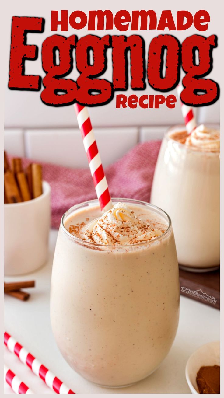 an eggnog recipe in a glass with two straws