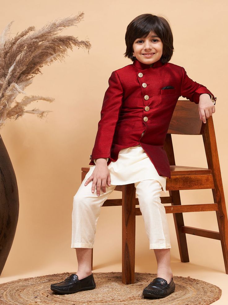 Vastramay boys maroon indo western jacket with cream kurta and pyjama set Style Header, Kids Kurta, Maroon Jacket, Western Jacket, Western Design, Sharara Set, Boys Wear, Kurta With Pants, Indo Western