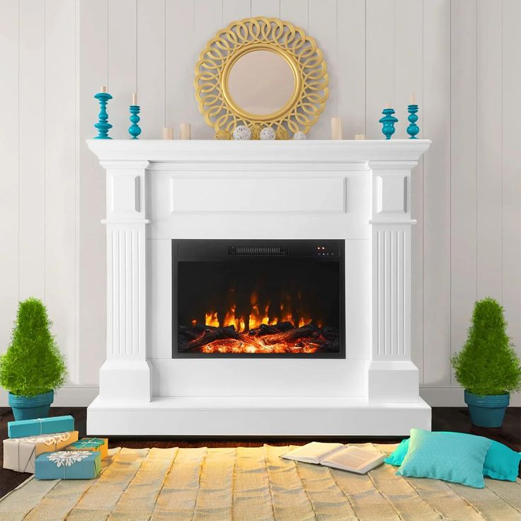 a living room with a fire place in the center and potted plants on the floor