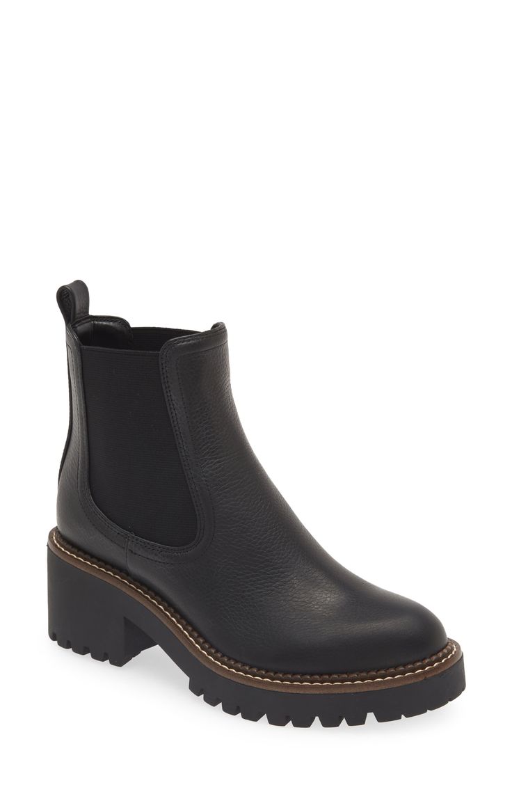 A classic Chelsea boot is remixed in this leather version that's boosted by a hardy lug platform and block heel. 2 1/2" heel; 1 1/4" platform (size 8.5) 5 1/2" shaft Pull-on style with elastic gore insets Water-resistant Leather upper/synthetic lining/rubber sole Imported Women’s Black Chelsea Boots, Winter Work Boots, Chelsea Boots For Petite Women, Boots For Nyc Winter, Flares And Boots, Business Casual Boots Women, Comfortable Chelsea Boots Women, Styling Black Chelsea Boots, Beige Lug Sole Boots Outfit